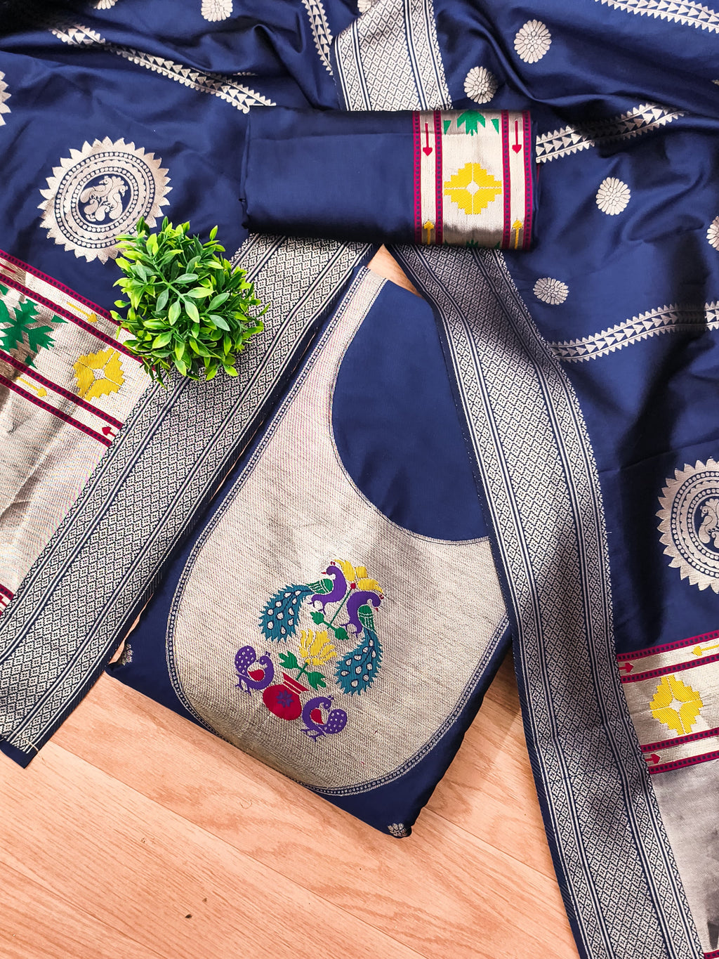 Navy Blue Color Paithani woven Pattern Top, Bottom & Dupatta Dress Material