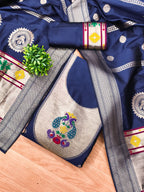 Navy Blue Color Paithani woven Pattern Top, Bottom & Dupatta Dress Material
