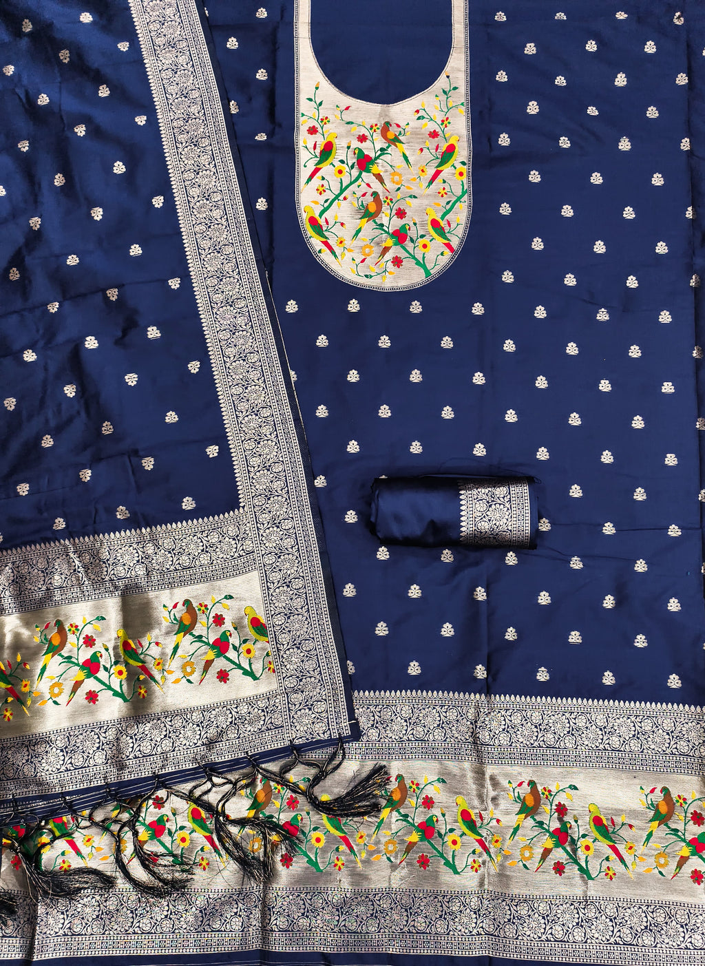 Navy Blue Color Paithani woven Pattern Top, Bottom & Dupatta Dress Material