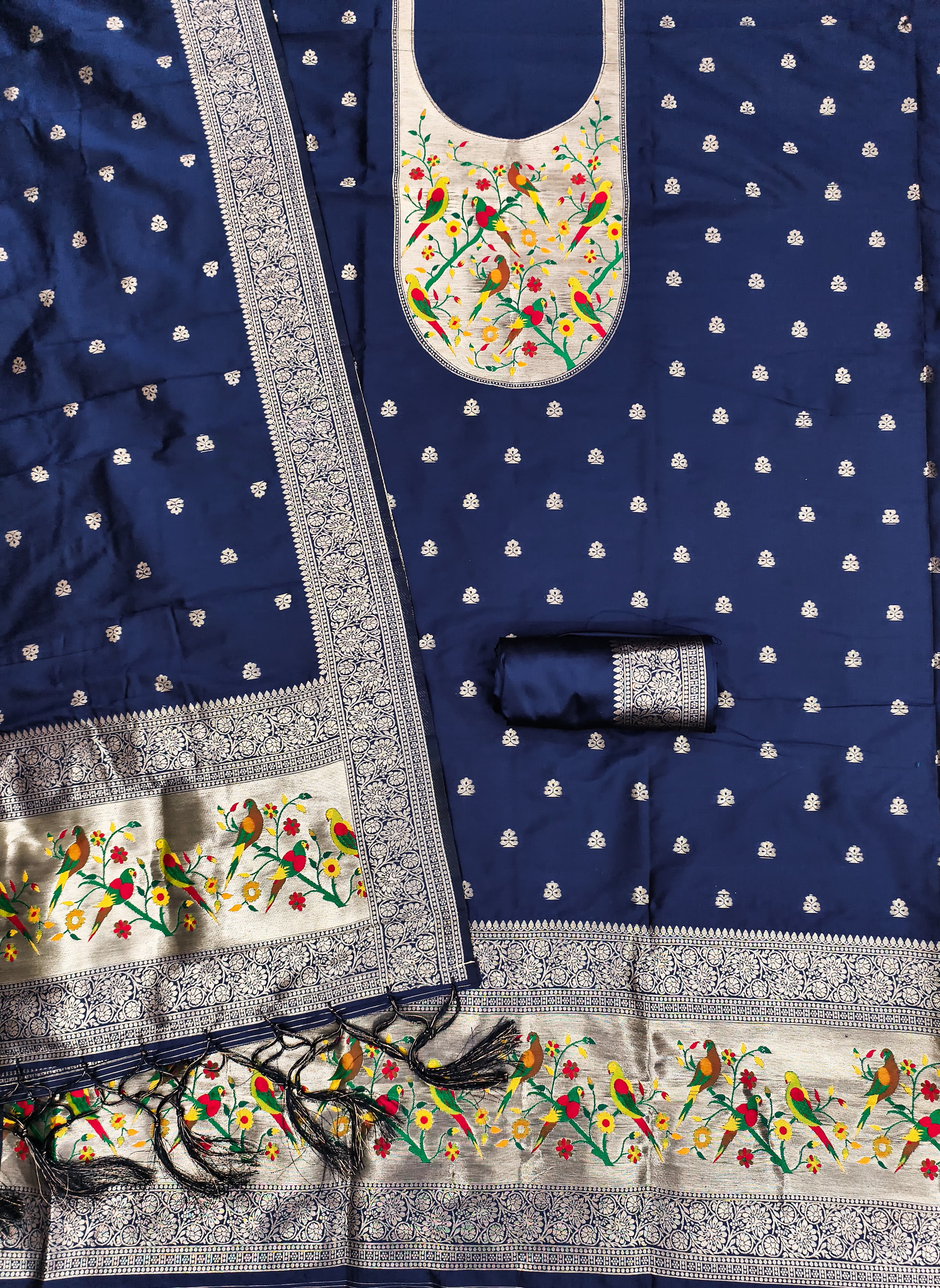 Navy Blue Color Paithani woven Pattern Top, Bottom & Dupatta Dress Material