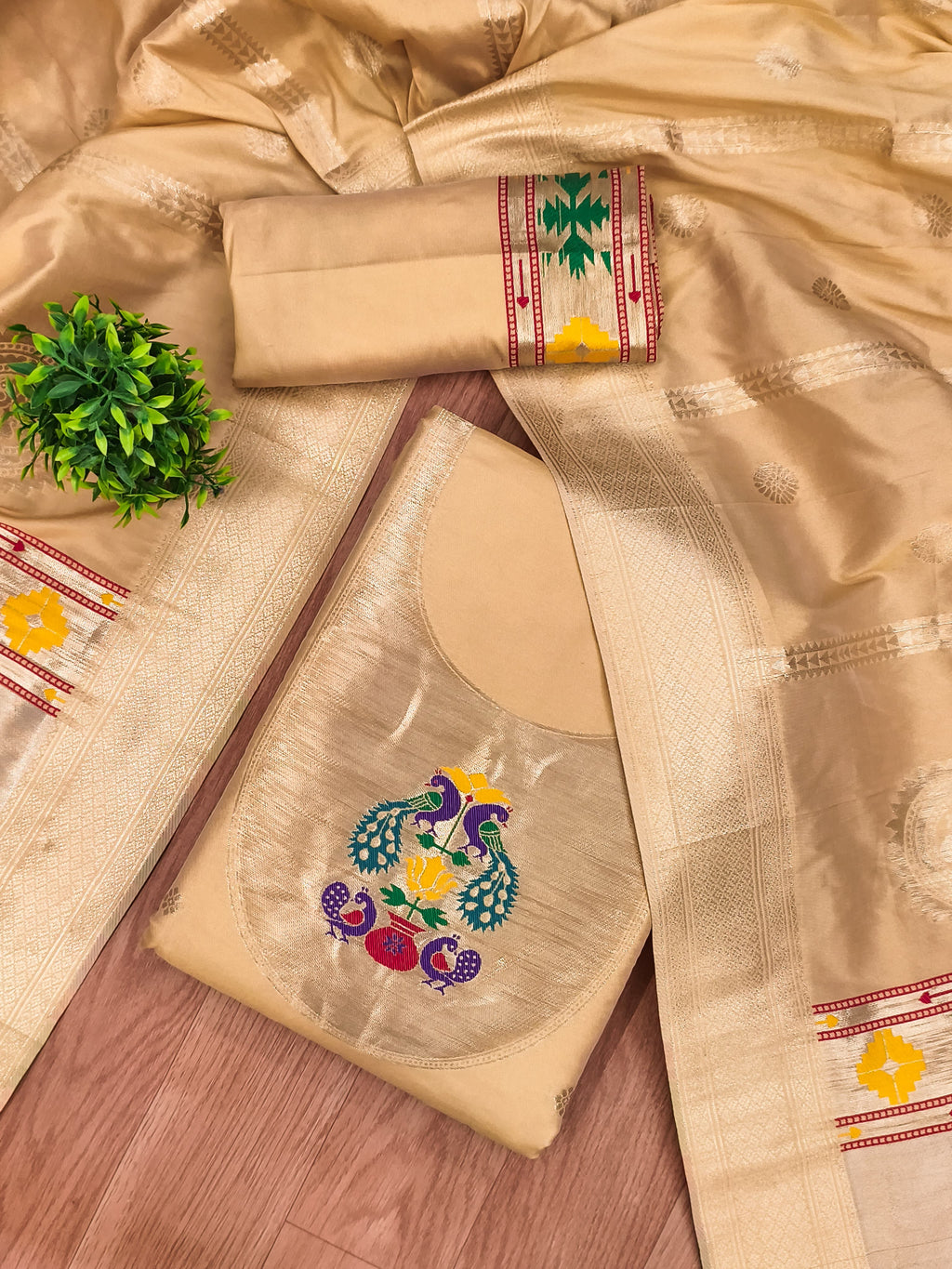 Yellow Color Paithani woven Pattern Top, Bottom & Dupatta Dress Material