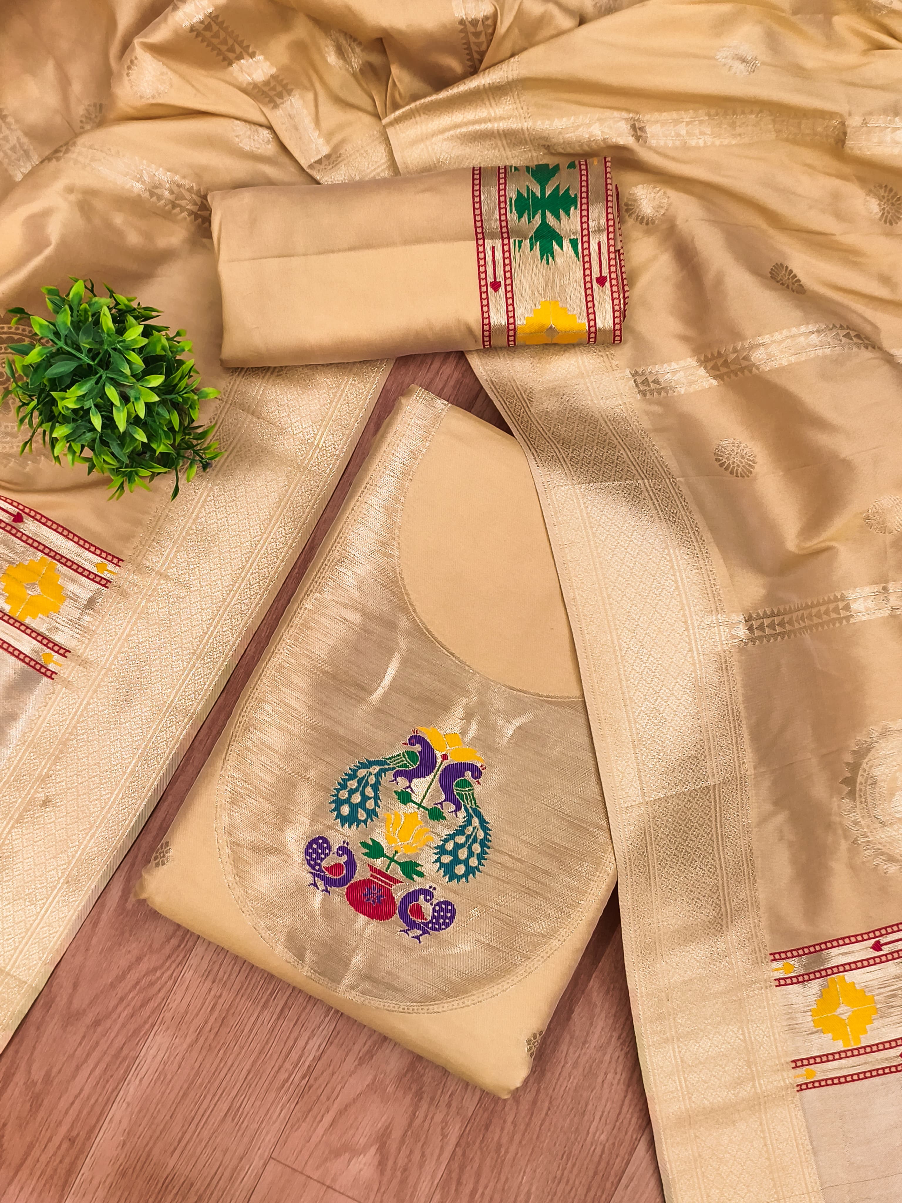 Yellow Color Paithani woven Pattern Top, Bottom & Dupatta Dress Material
