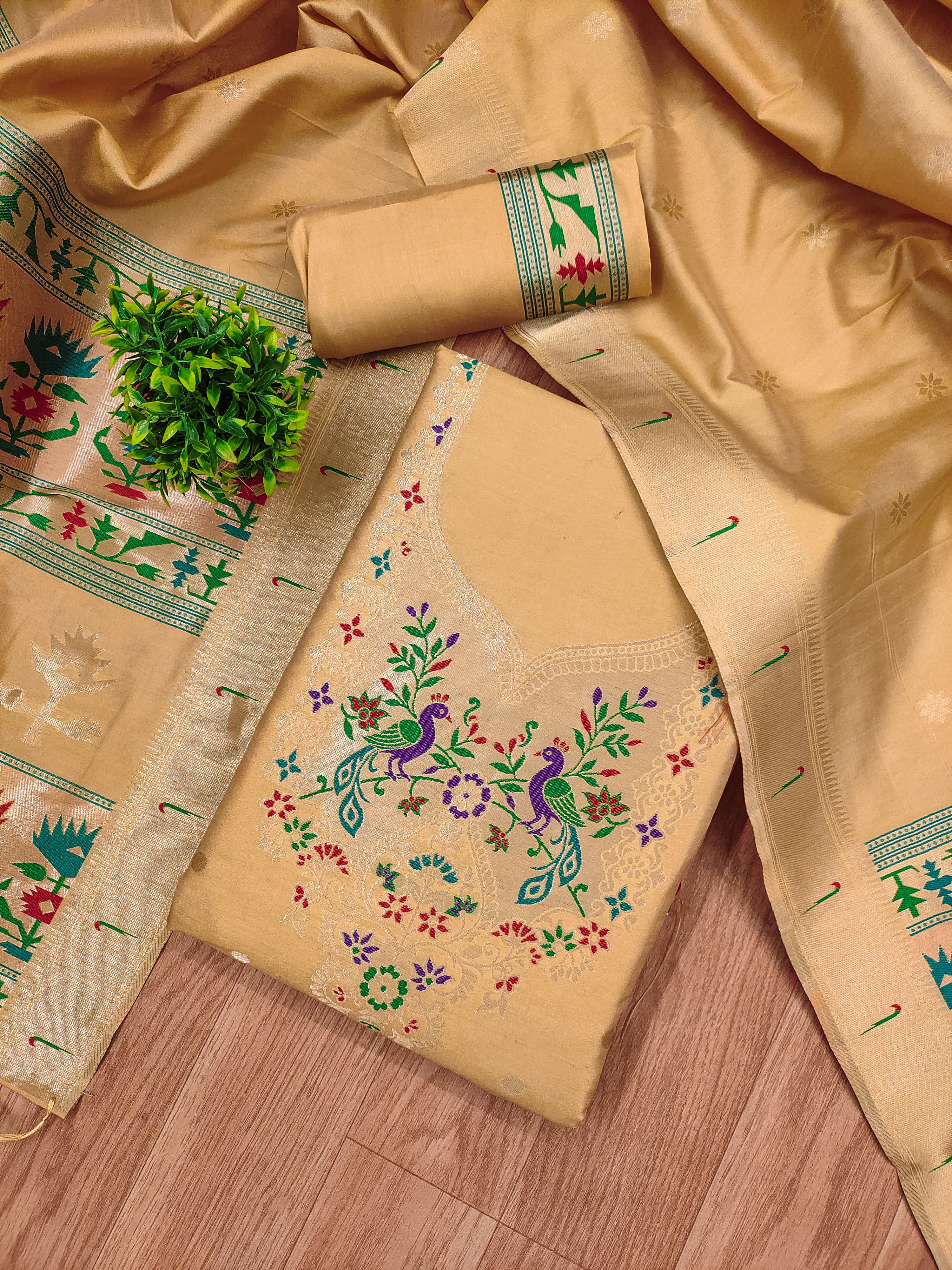 Yellow Color Paithani woven Pattern Top, Bottom & Dupatta Dress Material