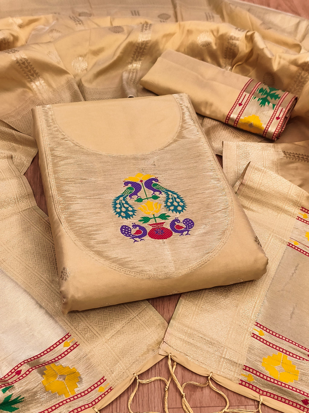 Yellow Color Paithani woven Pattern Top, Bottom & Dupatta Dress Material