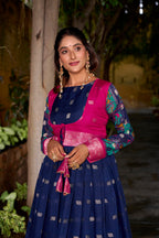 Designer Zari Woven Shrug with Kalamkari Printed Gown of Blue Colour