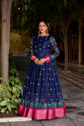 Designer Zari Woven Shrug with Kalamkari Printed Gown of Blue Colour