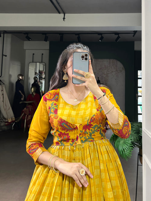 Designer Jari woven With Kalamkari Printed Gown of Yellow Color