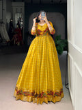 Designer Jari woven With Kalamkari Printed Gown of Yellow Color