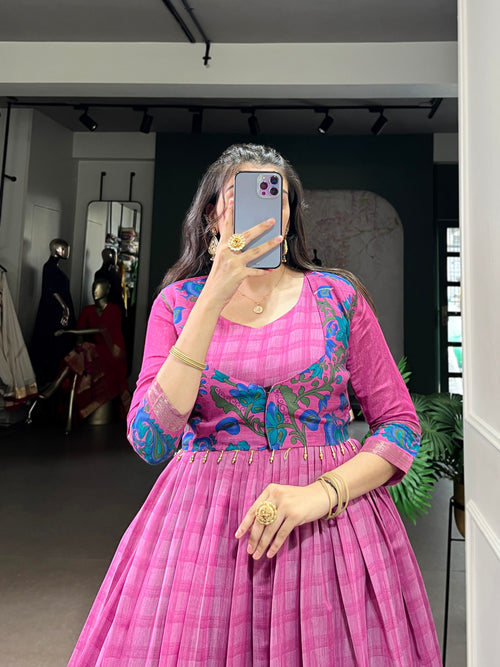 Designer Jari woven With Kalamkari Printed Gown of Pink Color