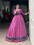 Designer Jari woven With Kalamkari Printed Gown of Pink Color