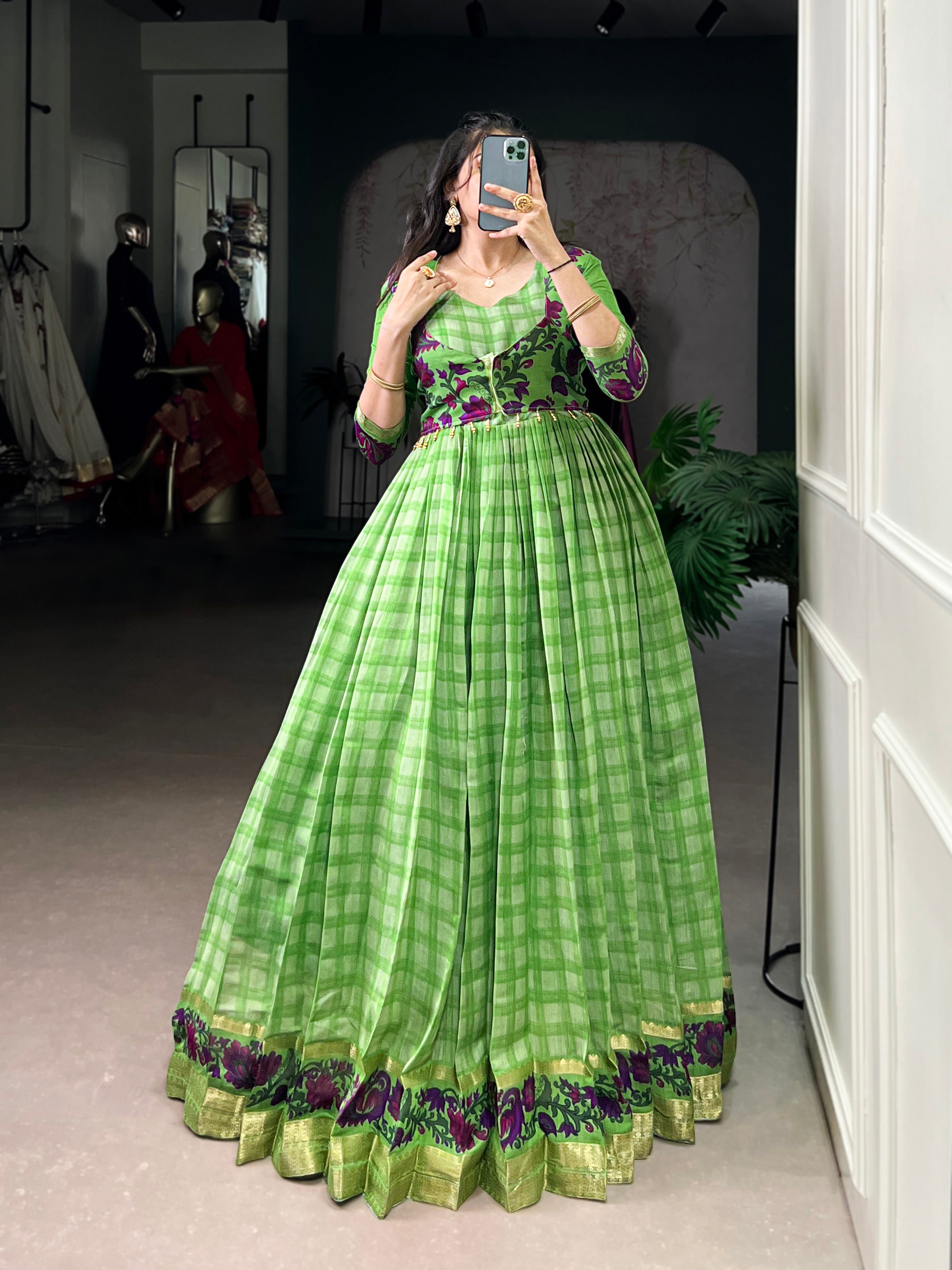 Kalikar Polyester Viscose Chanderi  Printed With Zari Weaving Work -5034