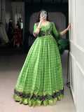 Designer Jari woven With Kalamkari Printed Gown of Green Color