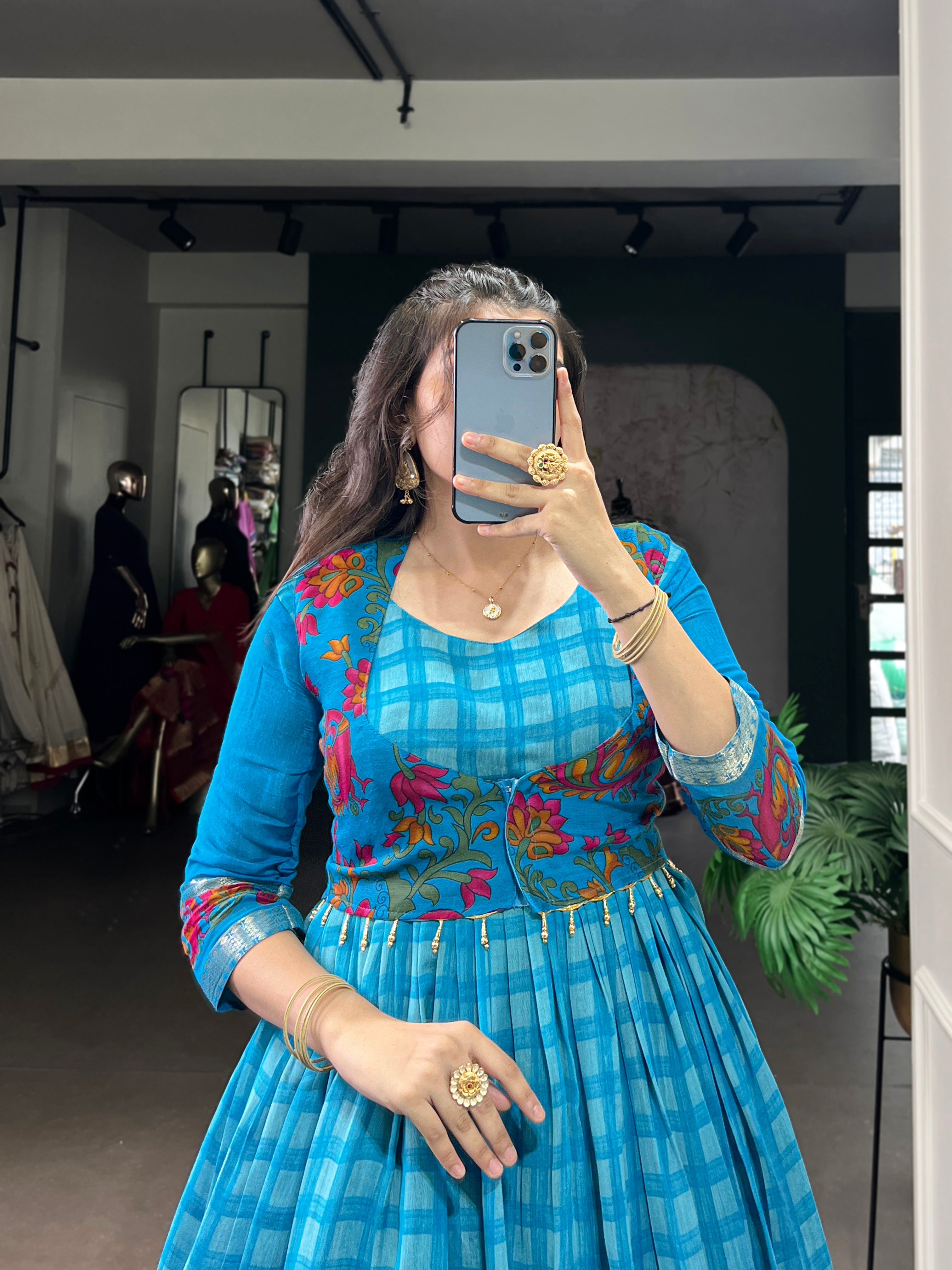 Kalikar Polyester Viscose Chanderi  Printed With Zari Weaving Work -5034