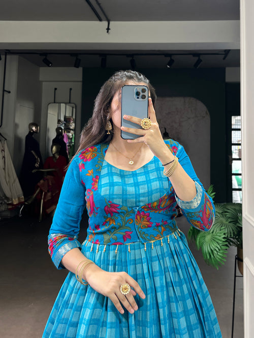Designer Jari woven With Kalamkari Printed Gown of Blue Color