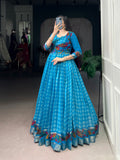 Designer Jari woven With Kalamkari Printed Gown of Blue Color