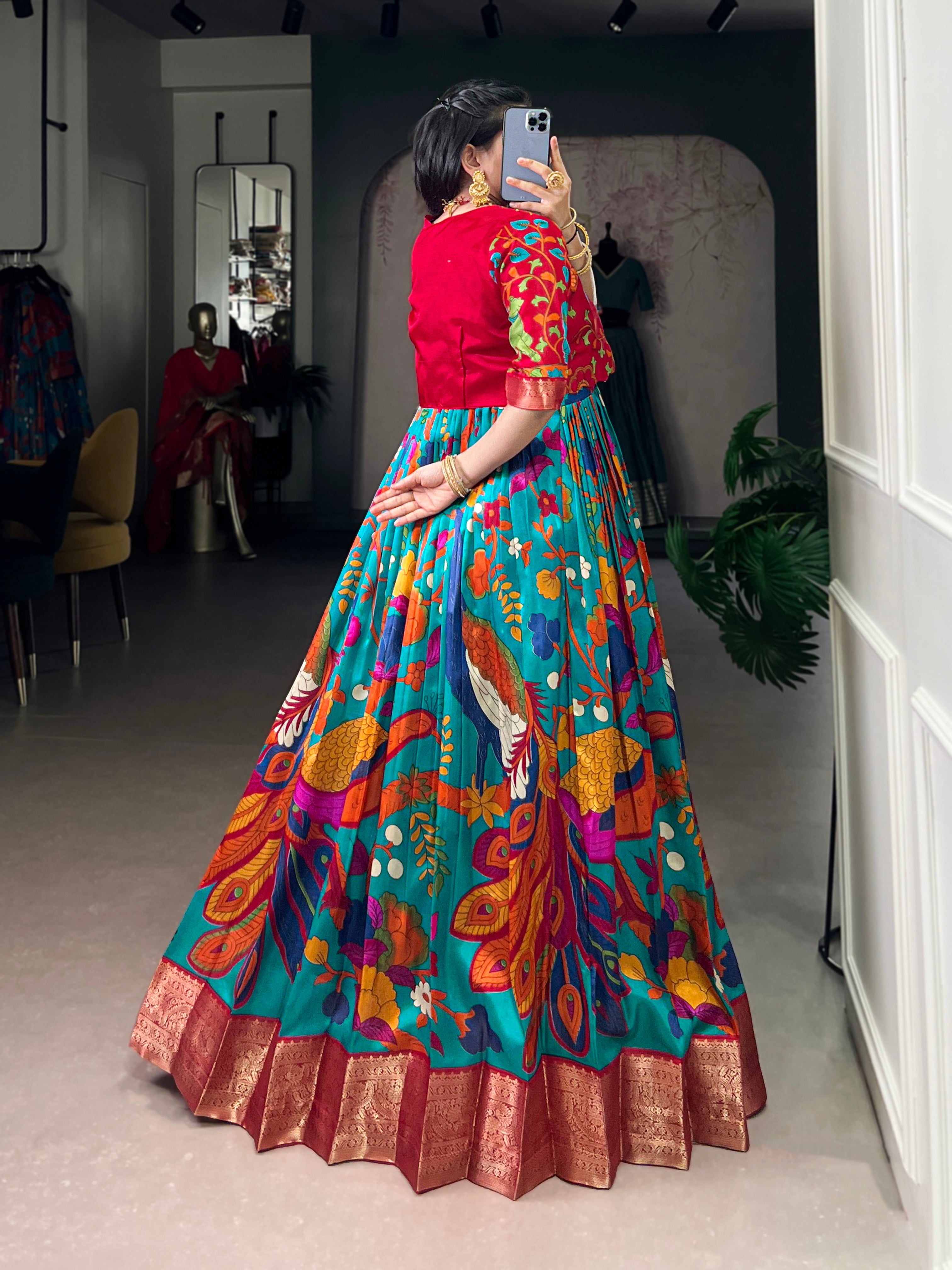 Designer Printed Shrug with Kalamkari Printed Gown of Teal Colour