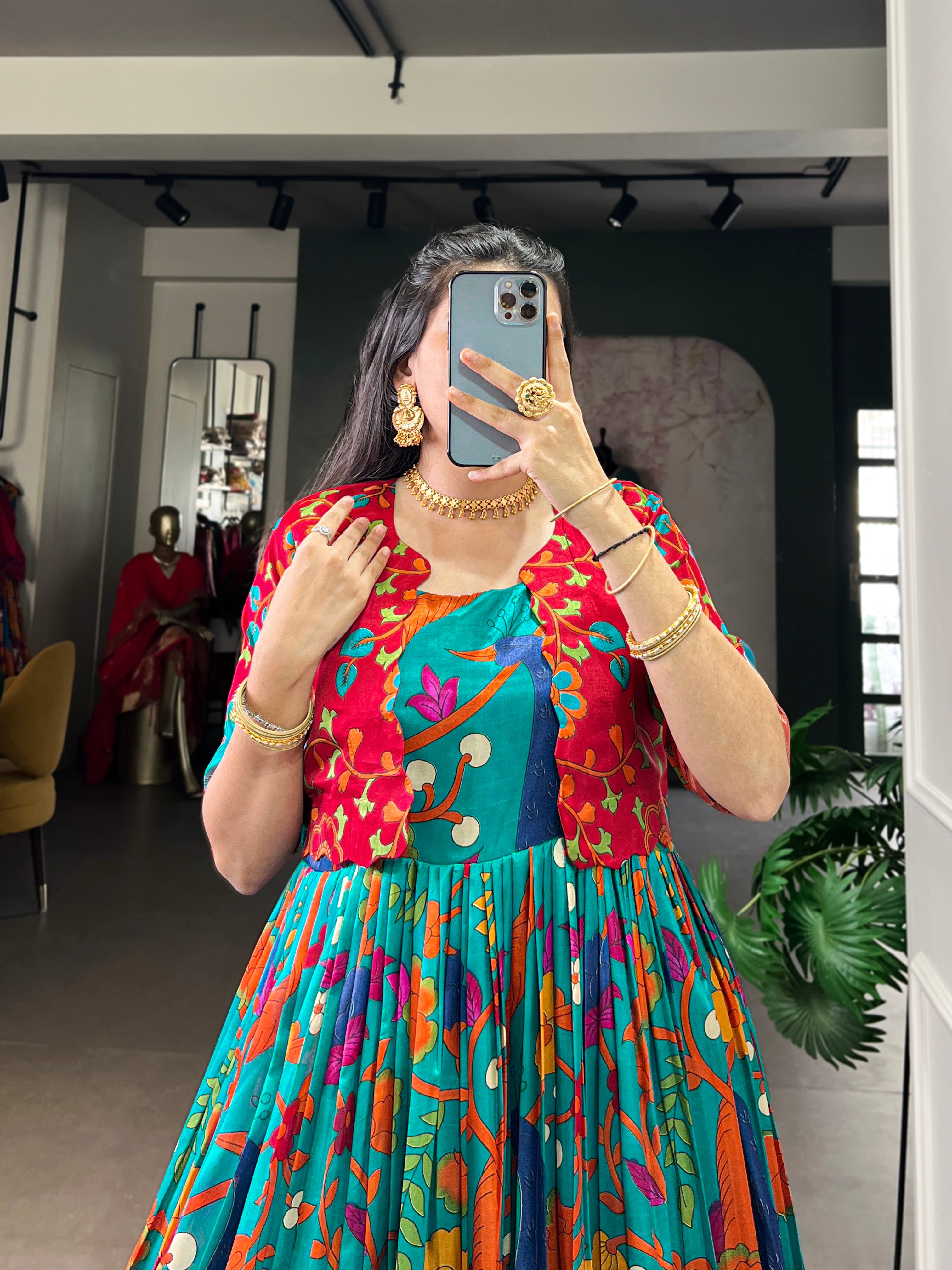 Designer Printed Shrug with Kalamkari Printed Gown of Teal Colour