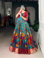 Designer Printed Shrug with Kalamkari Printed Gown of Teal Colour