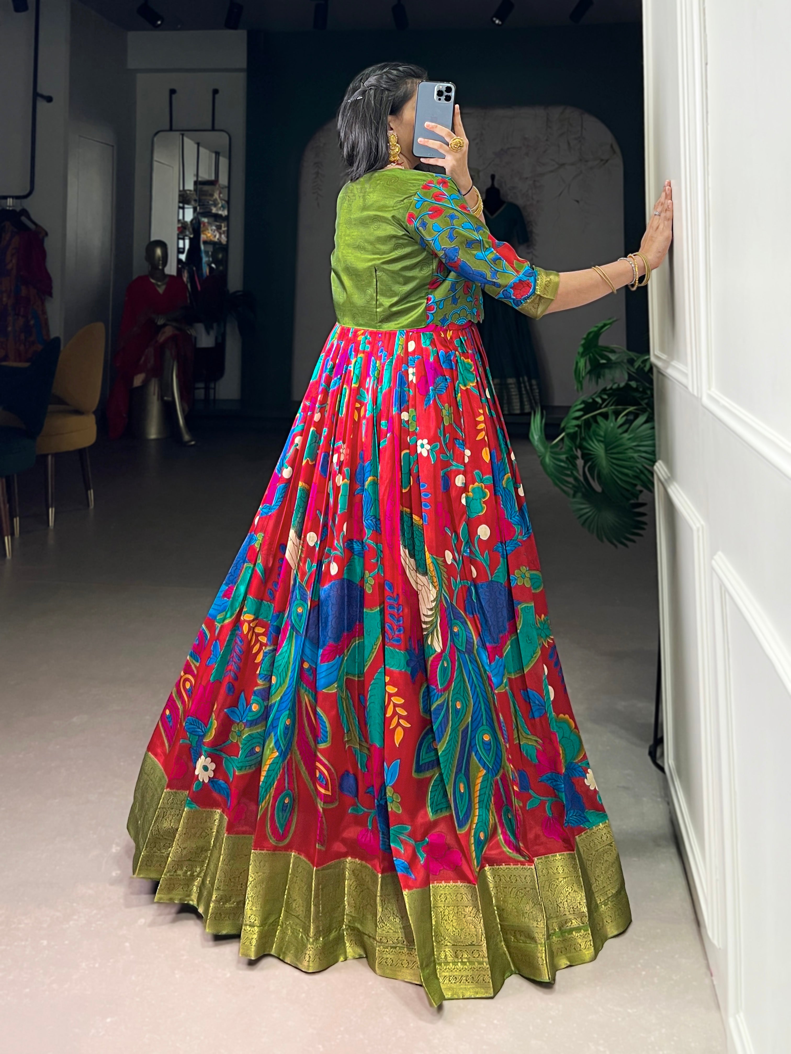 Designer Printed Shrug with Kalamkari Printed Gown of Yellow Colour