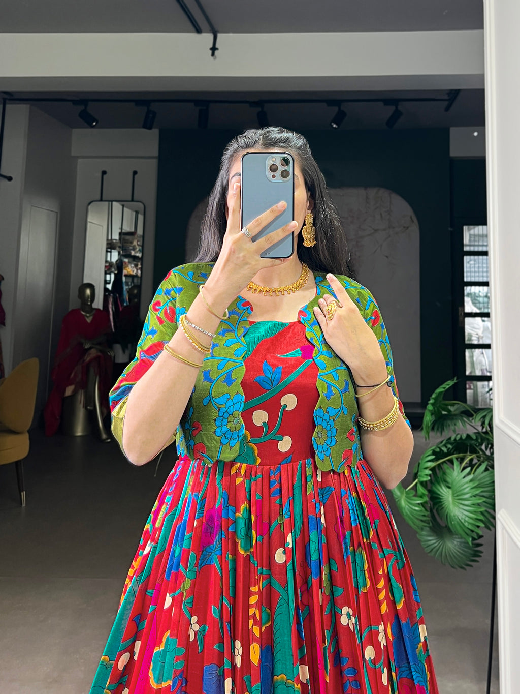 Designer Printed Shrug with Kalamkari Printed Gown of Yellow Colour