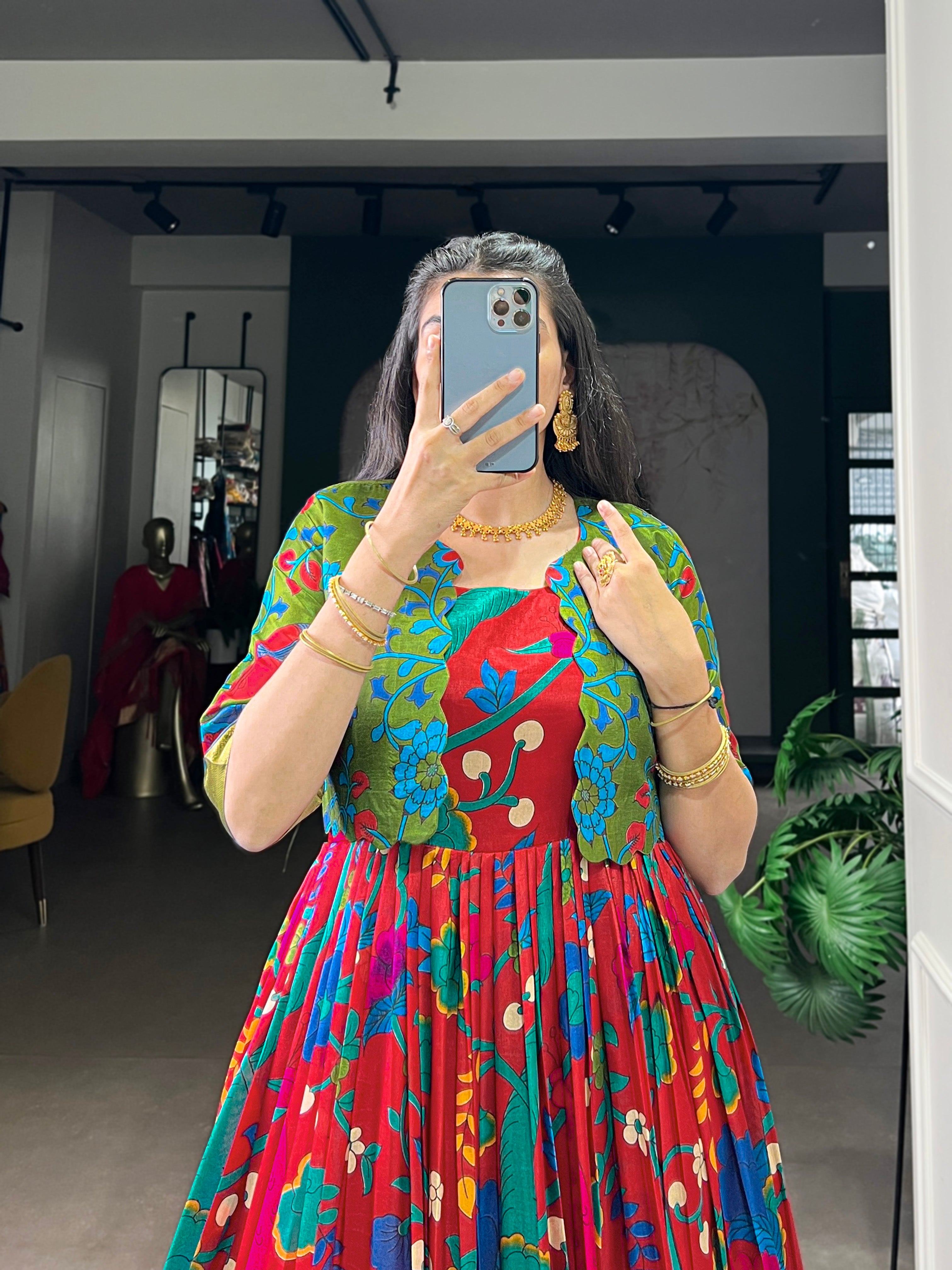 Designer Printed Shrug with Kalamkari Printed Gown of Yellow Colour