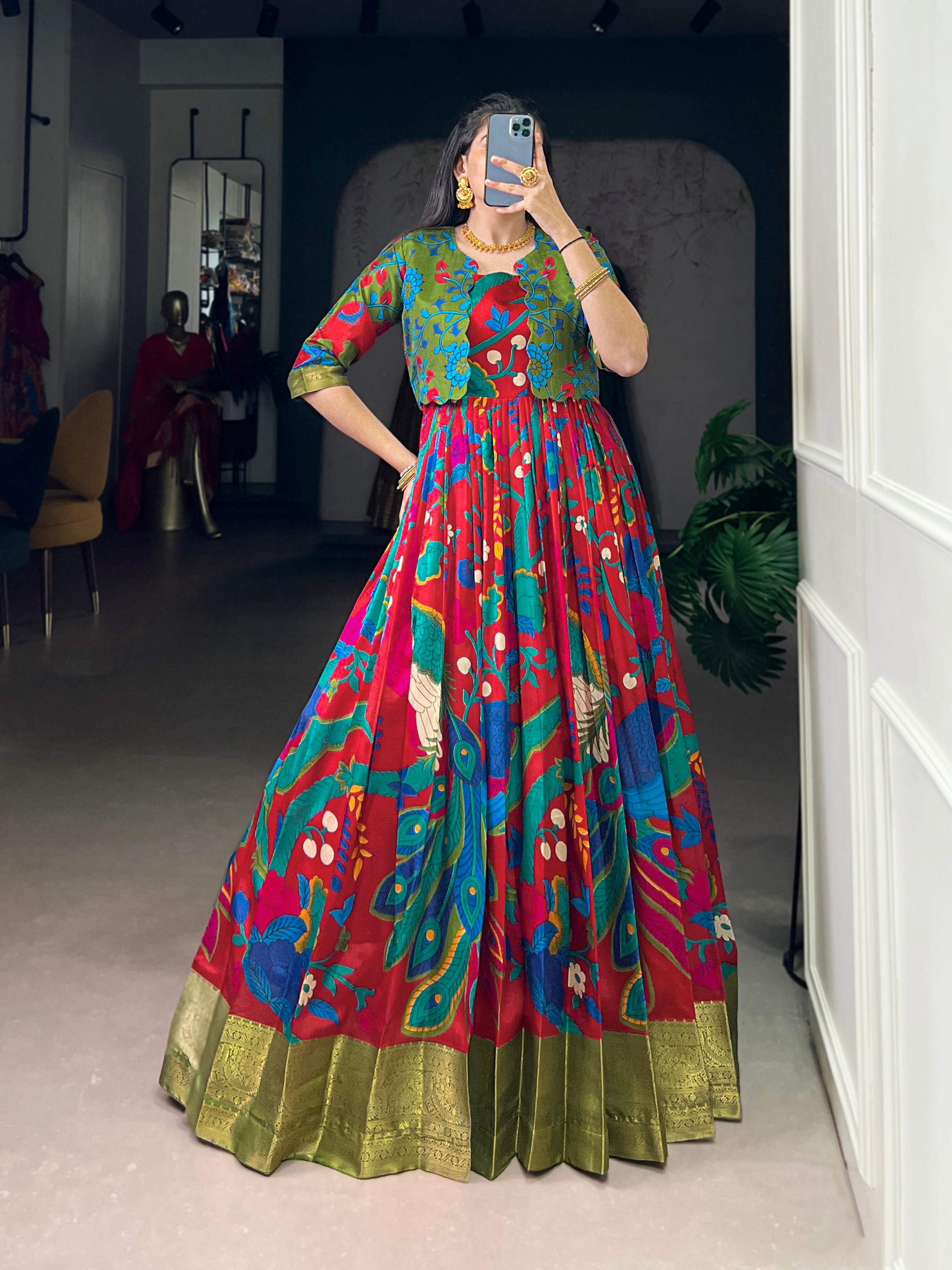 Designer Printed Shrug with Kalamkari Printed Gown of Yellow Colour