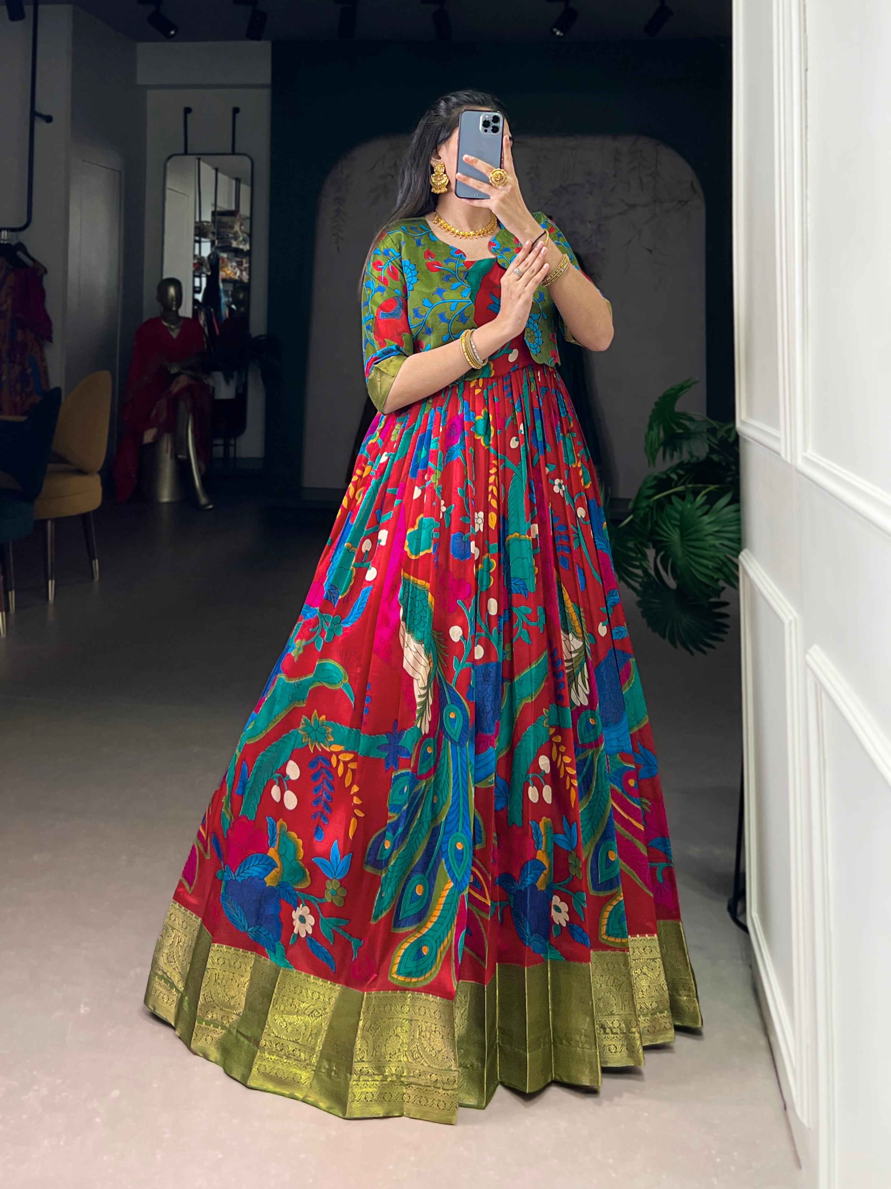 Designer Printed Shrug with Kalamkari Printed Gown of Yellow Colour