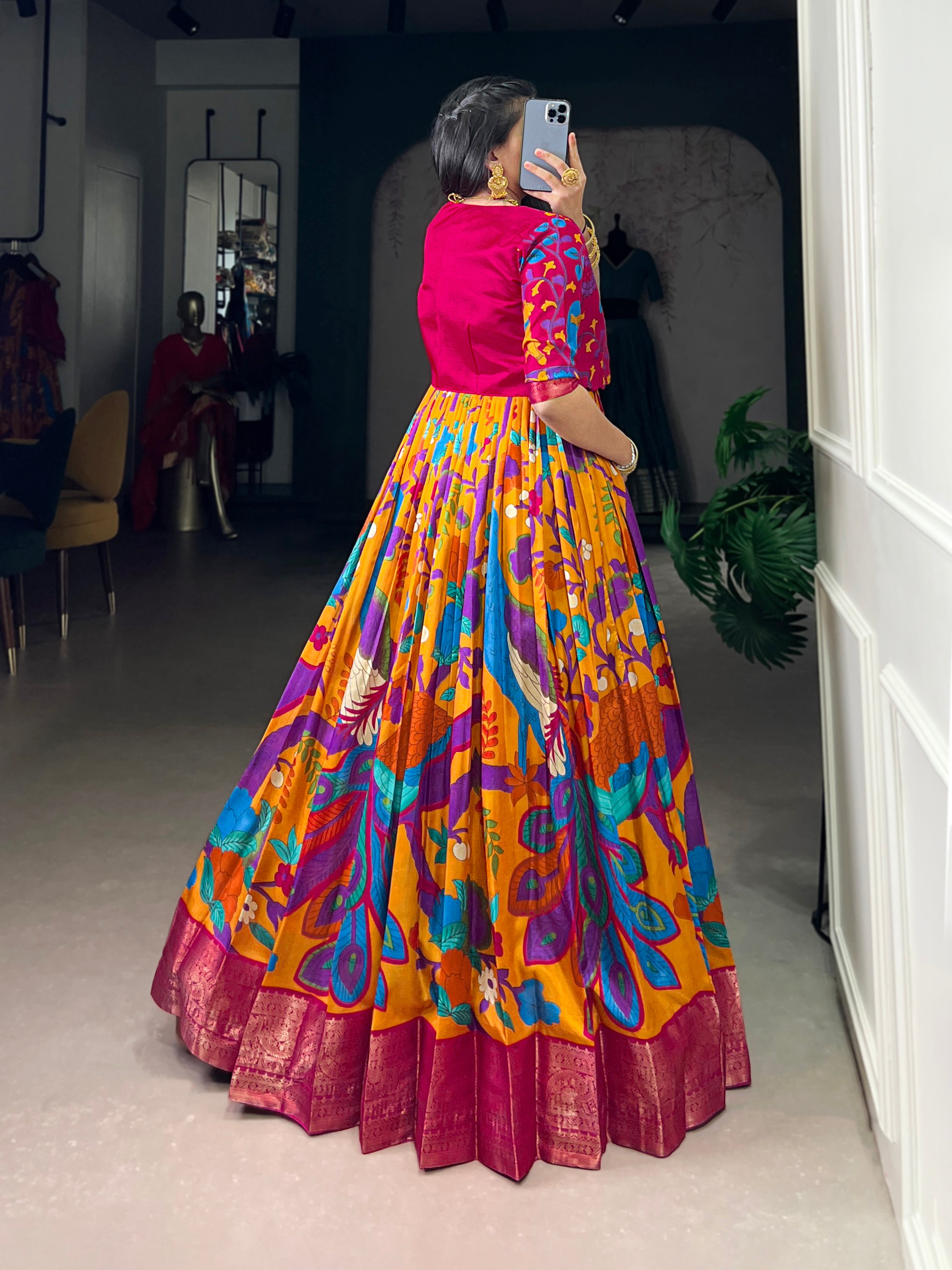 Designer Printed Shrug with Kalamkari Printed Gown of Red Colour