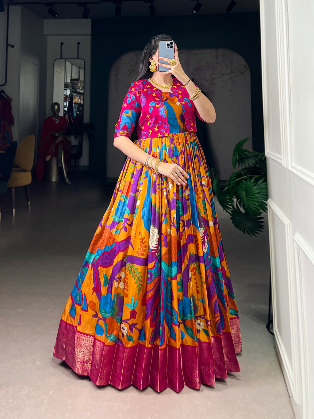 Designer Printed Shrug with Kalamkari Printed Gown of Red Colour