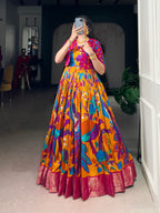 Designer Printed Shrug with Kalamkari Printed Gown of Red Colour