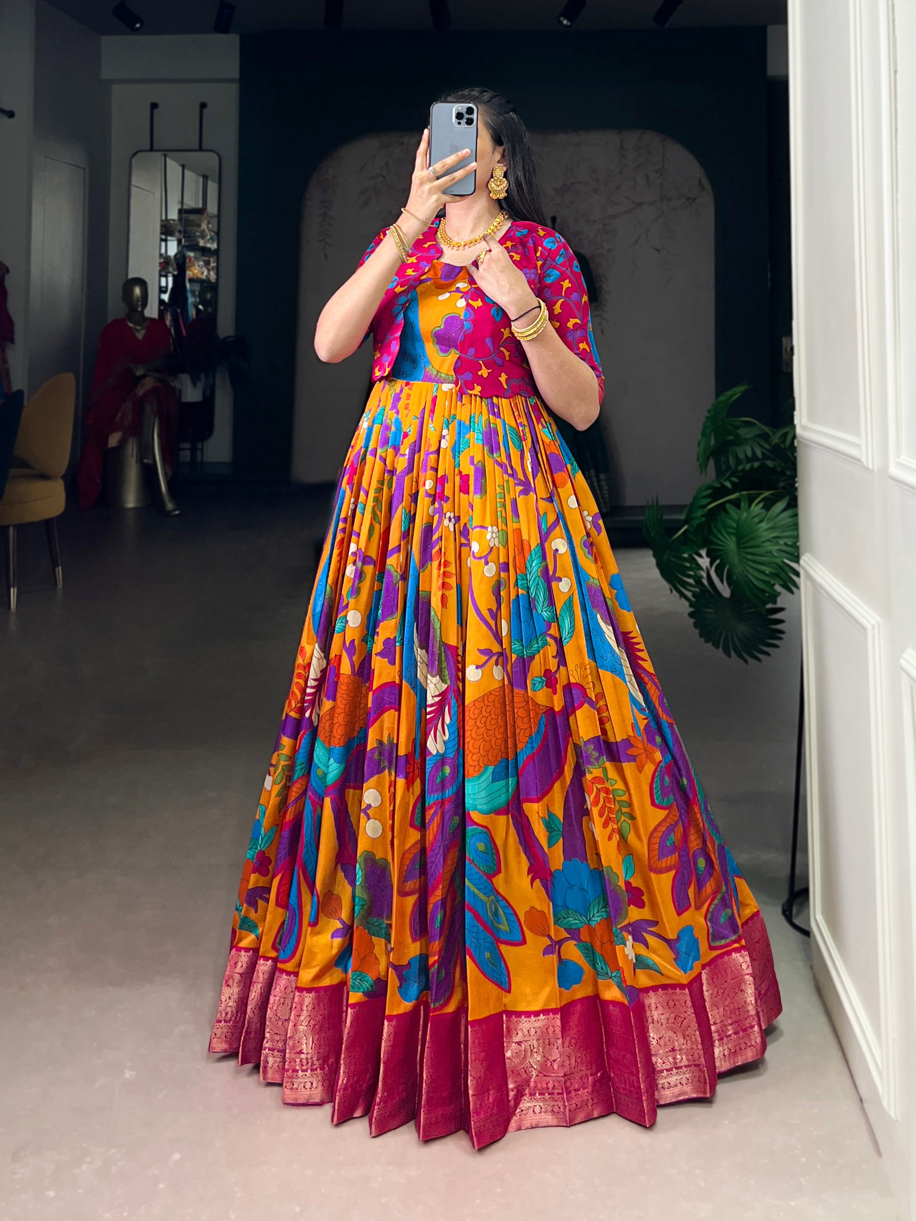 Designer Printed Shrug with Kalamkari Printed Gown of Red Colour