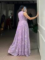 Designer Floral Printed Gown of Lovender Colour