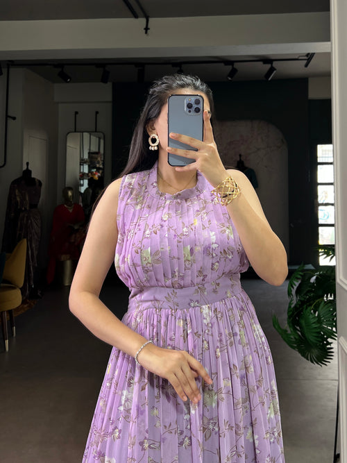 Designer Floral Printed Gown of Lovender Colour