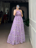 Designer Floral Printed Gown of Lovender Colour