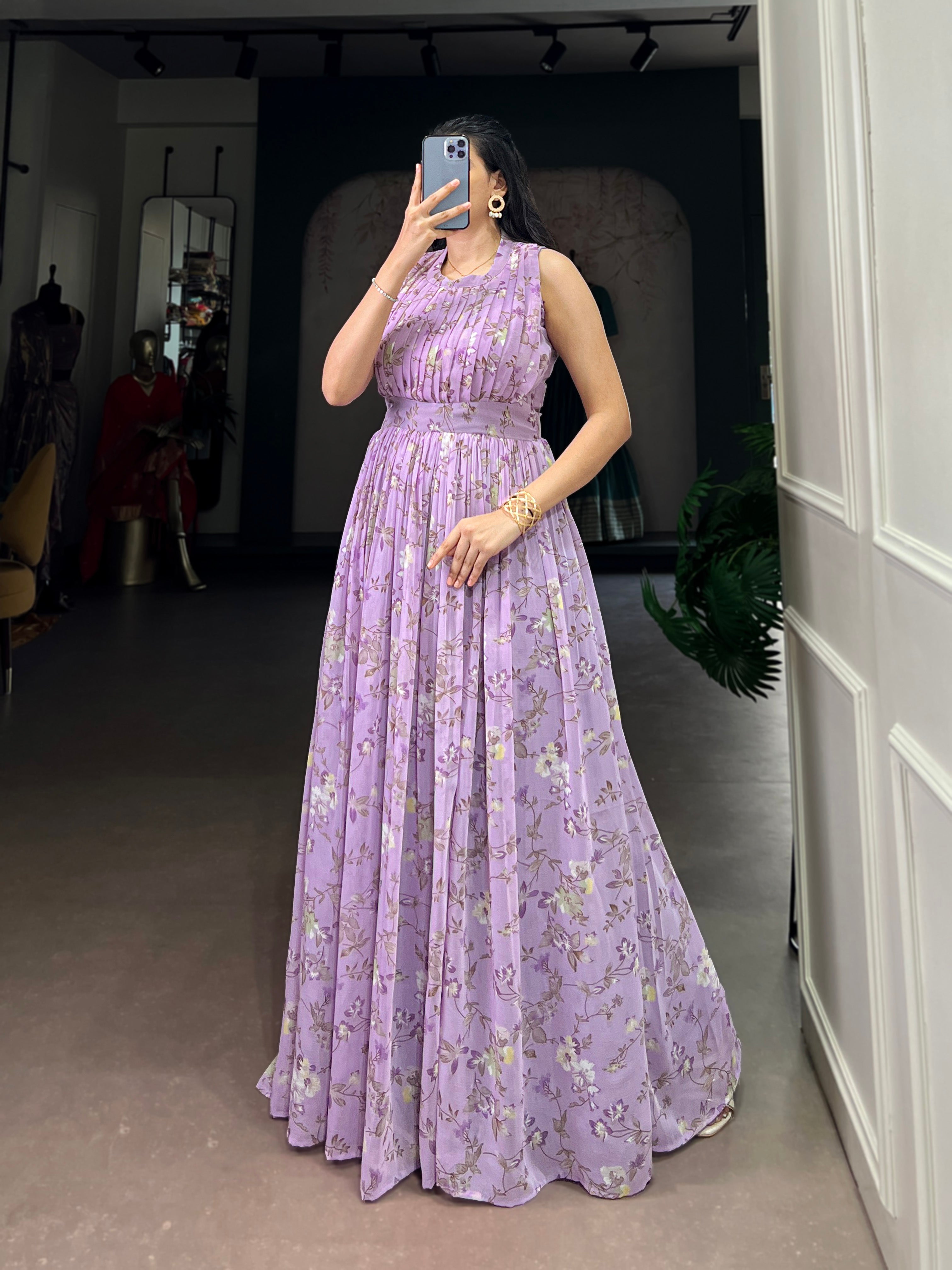 Designer Floral Printed Gown of Lovender Colour