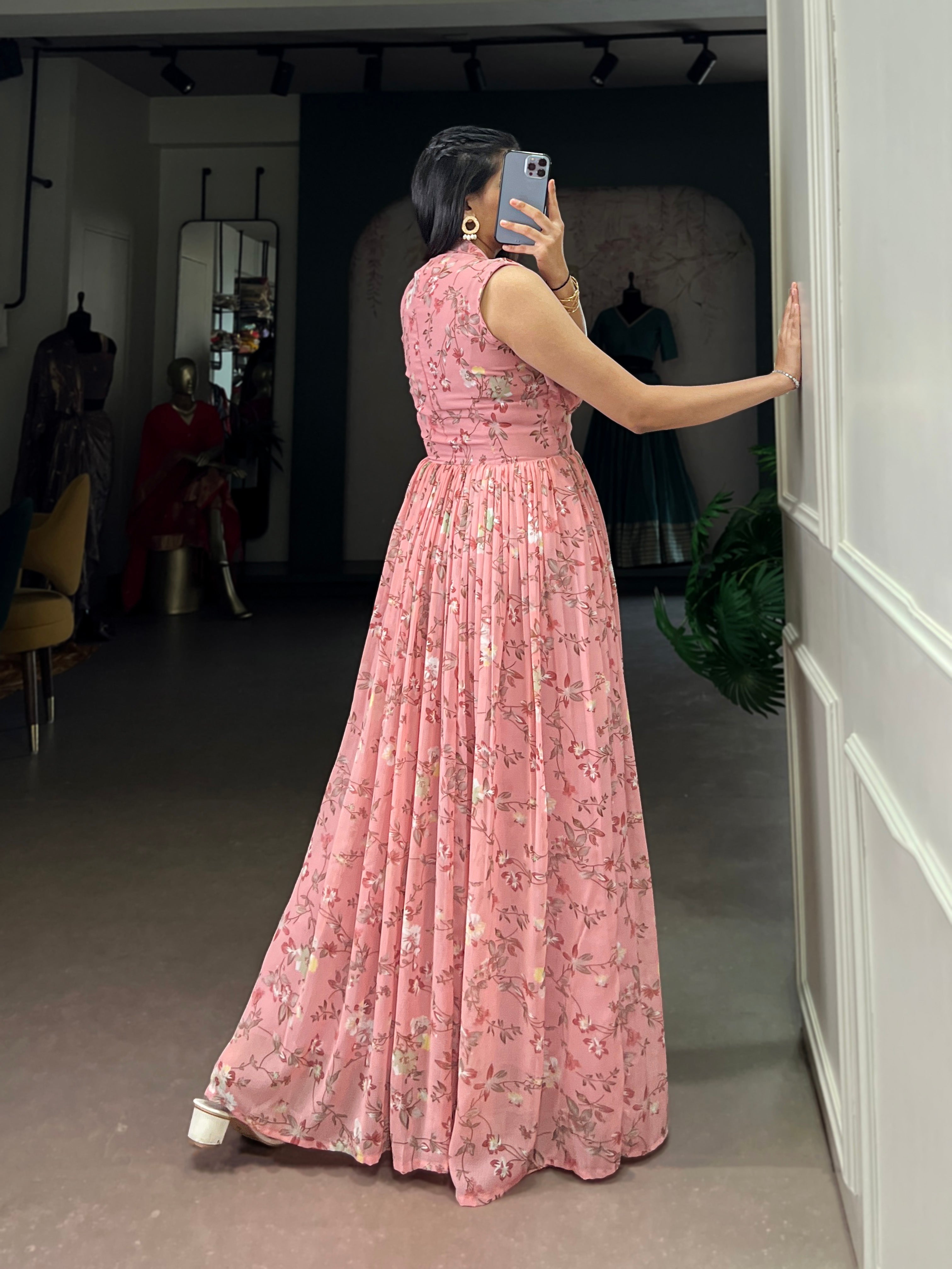 Designer Floral Printed Gown of Pink Colour