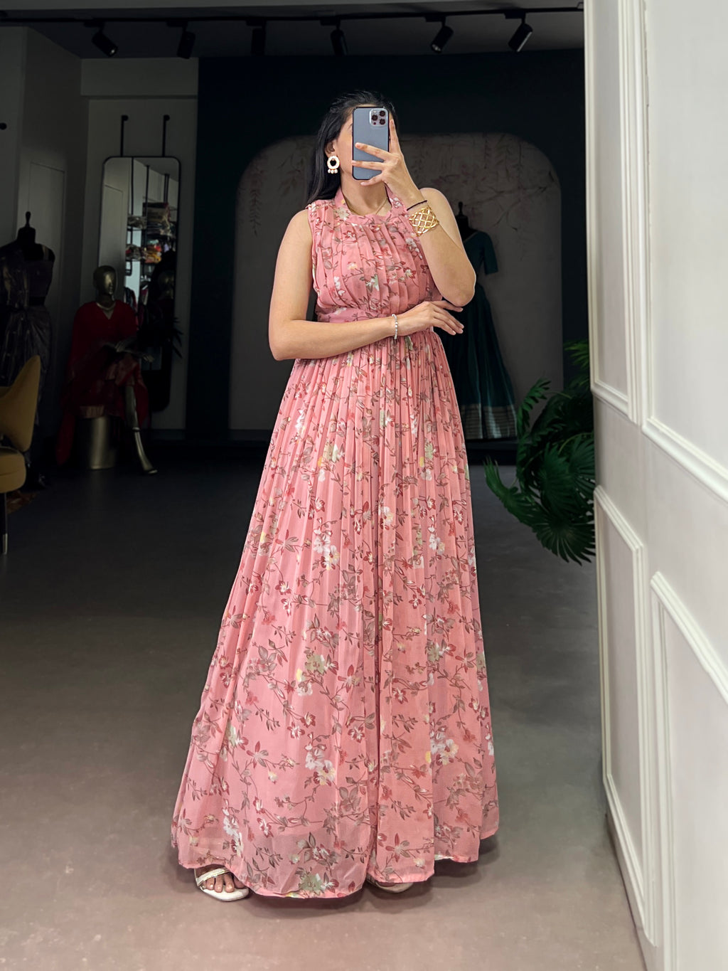 Designer Floral Printed Gown of Pink Colour