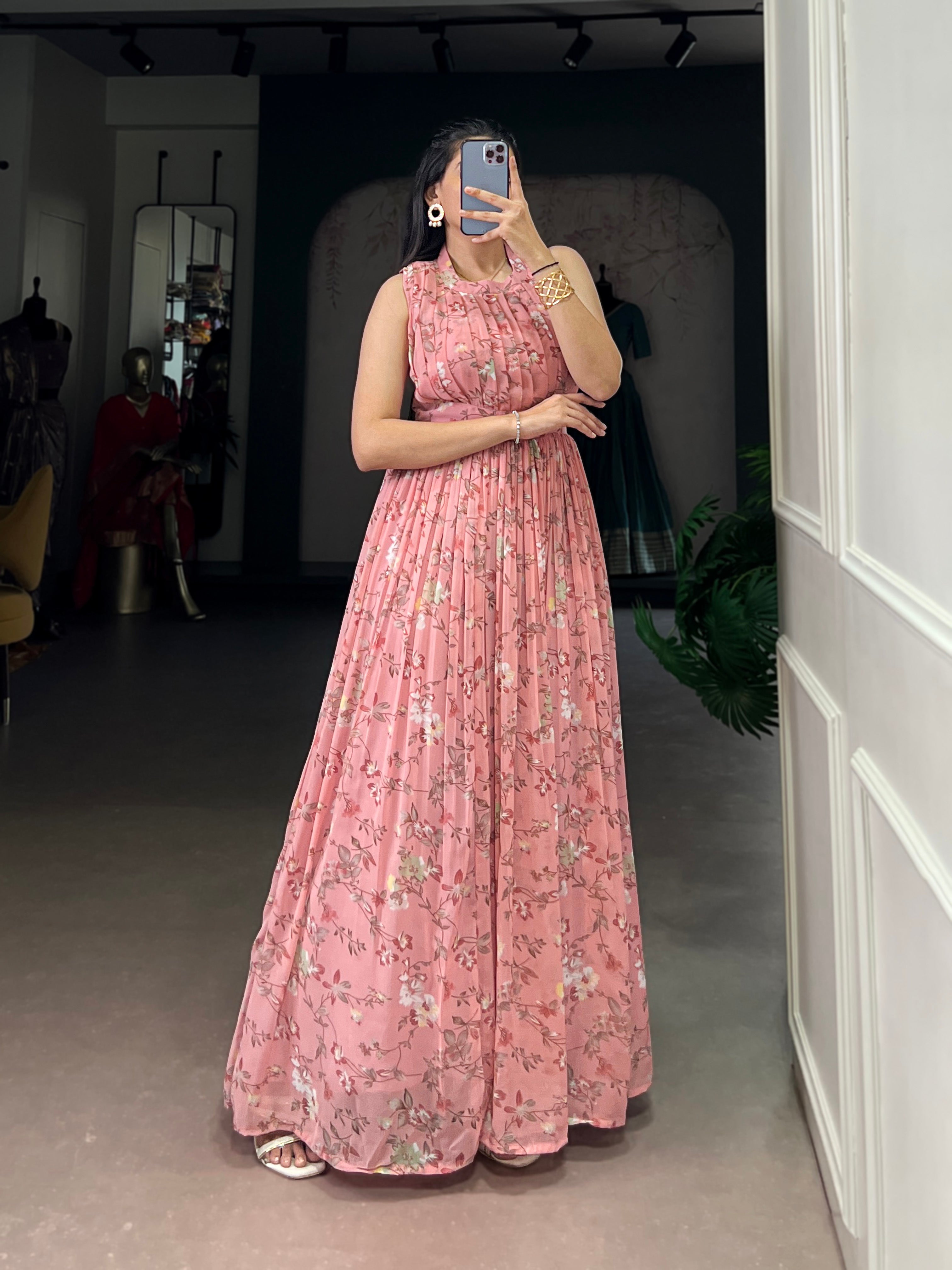 Designer Floral Printed Gown of Pink Colour