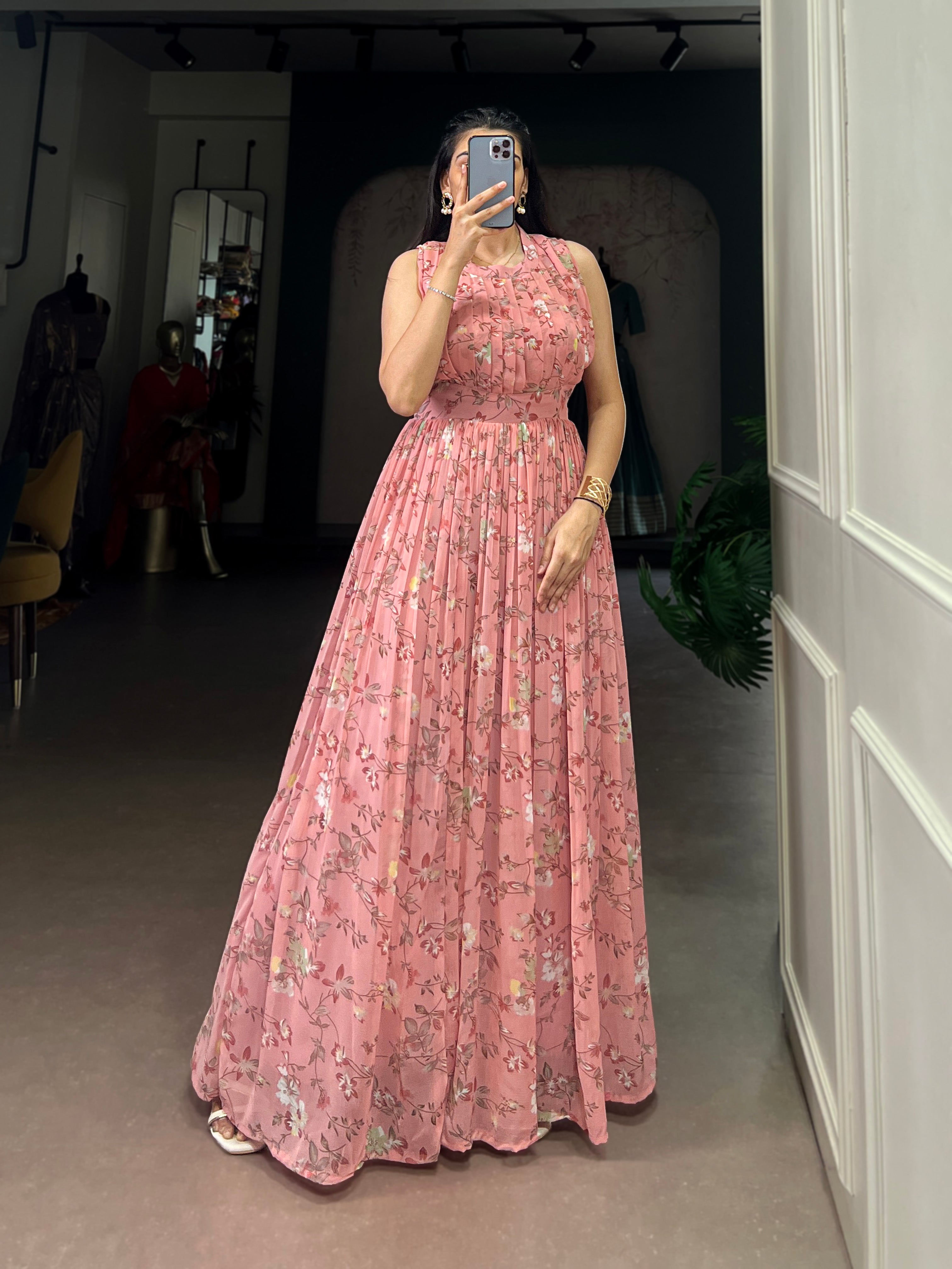 Designer Floral Printed Gown of Pink Colour