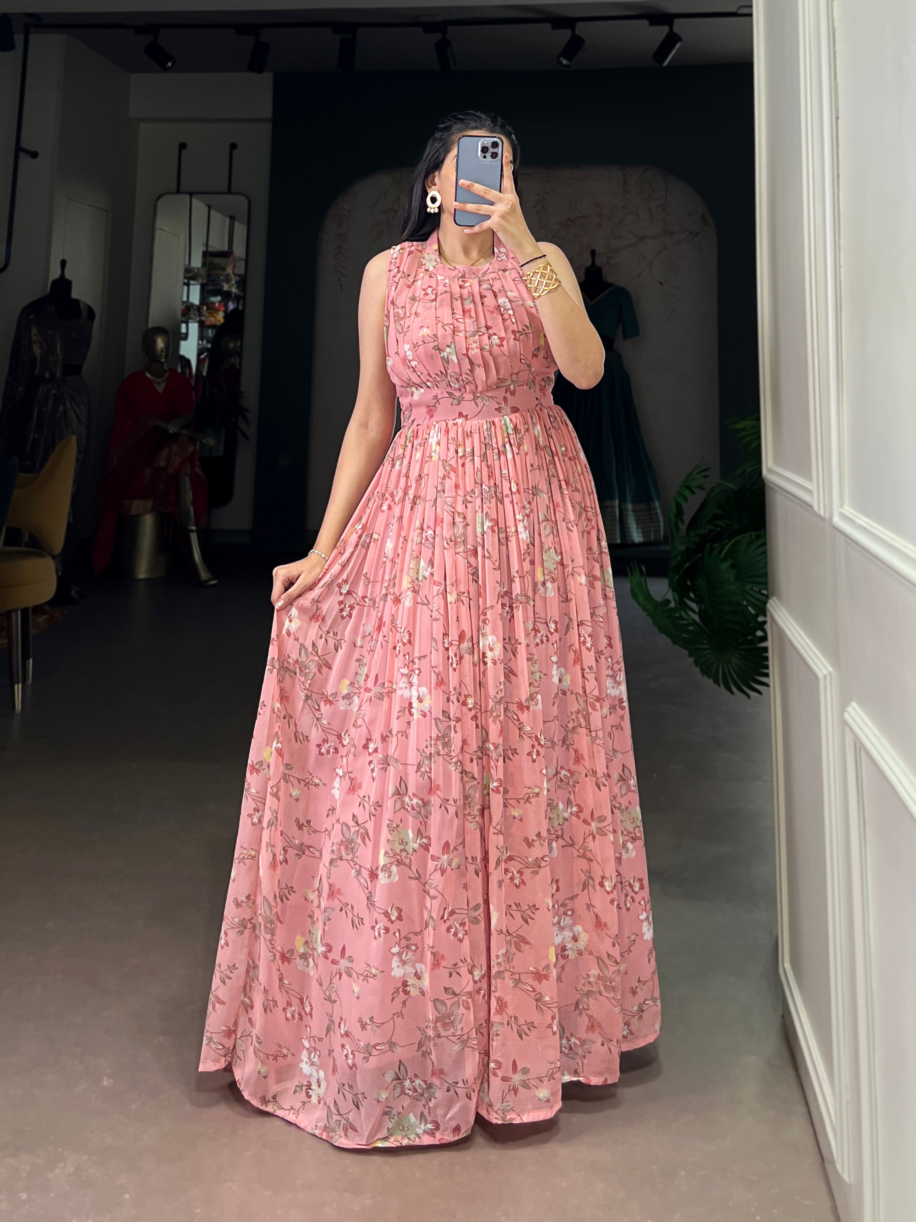 Designer Floral Printed Gown of Pink Colour
