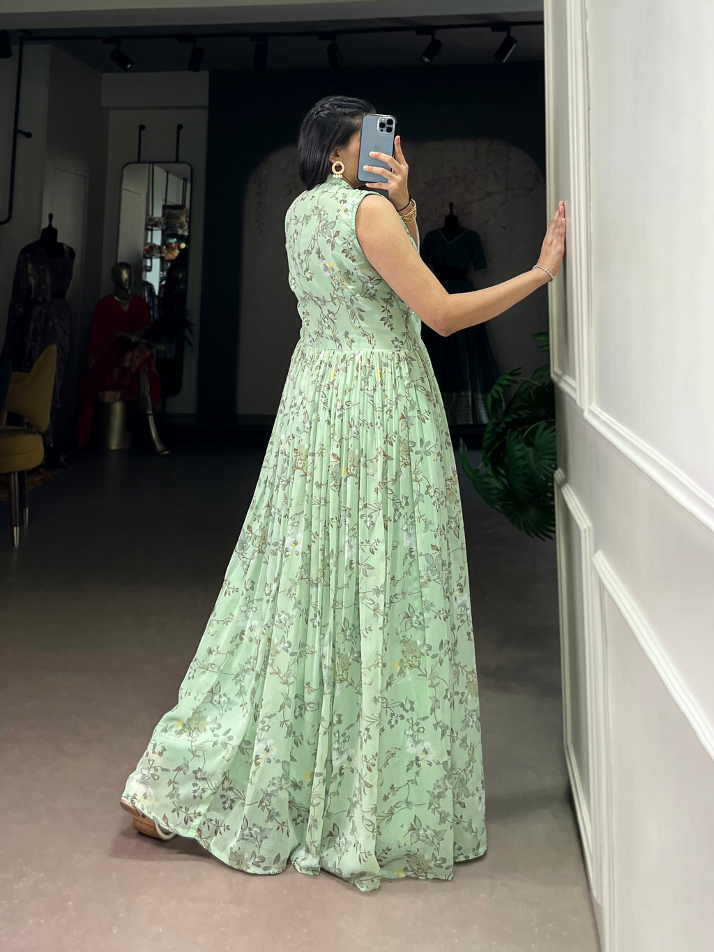 Designer Floral Printed Gown of Green Colour