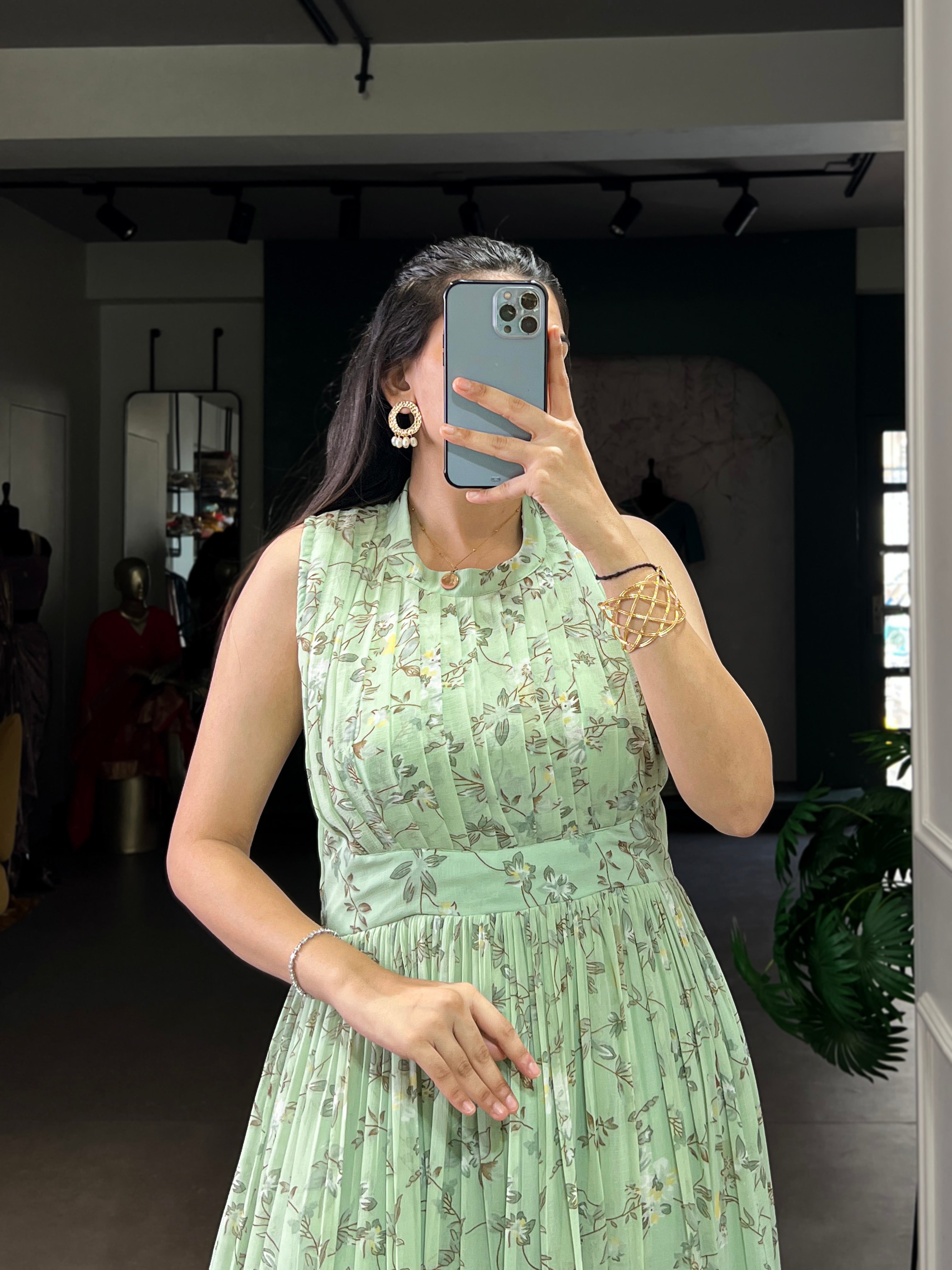 Designer Floral Printed Gown of Green Colour