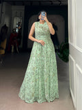 Designer Floral Printed Gown of Green Colour