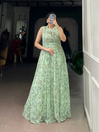 Designer Floral Printed Gown of Green Colour