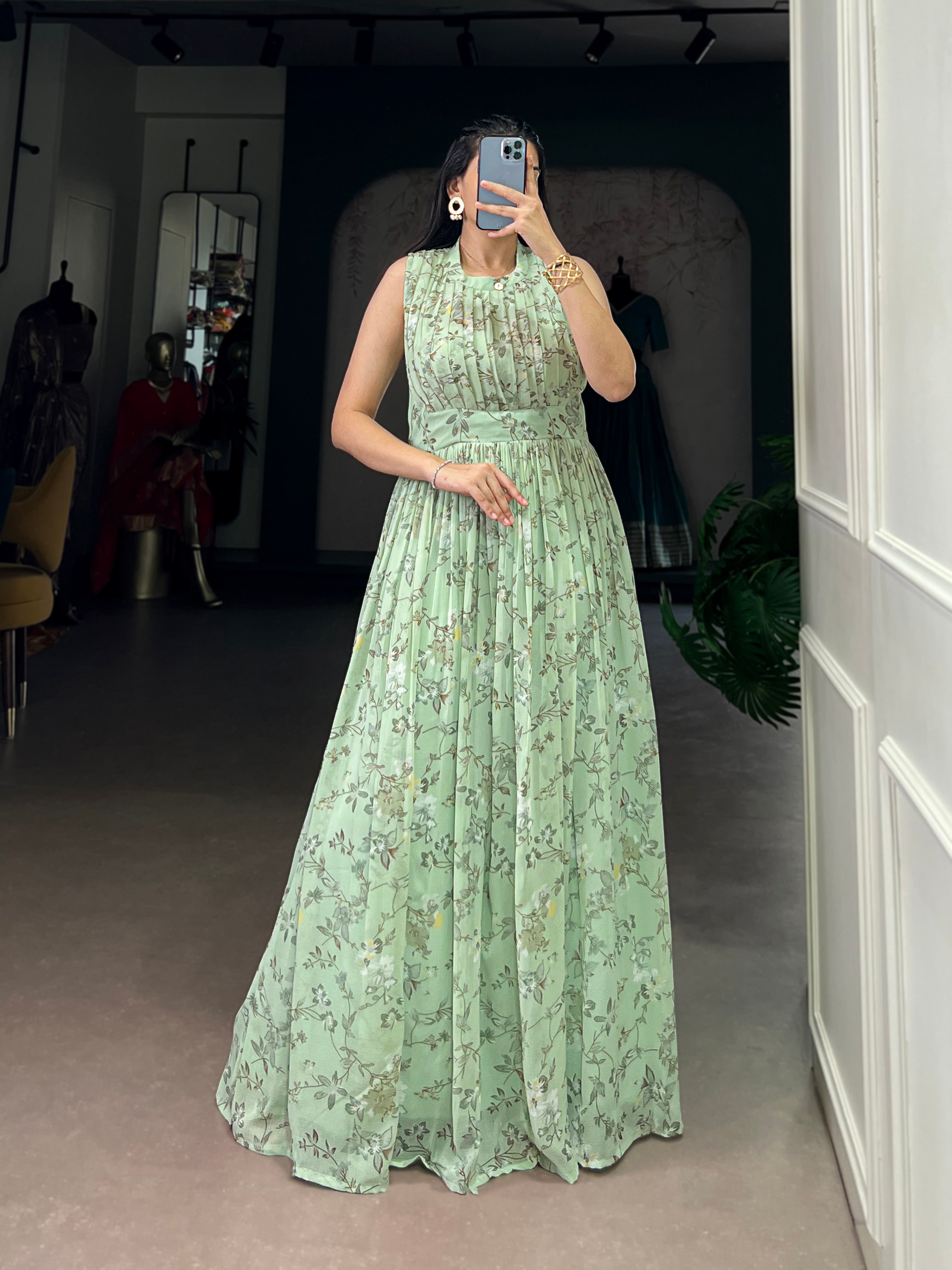 Designer Floral Printed Gown of Green Colour
