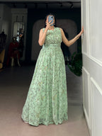 Designer Floral Printed Gown of Green Colour