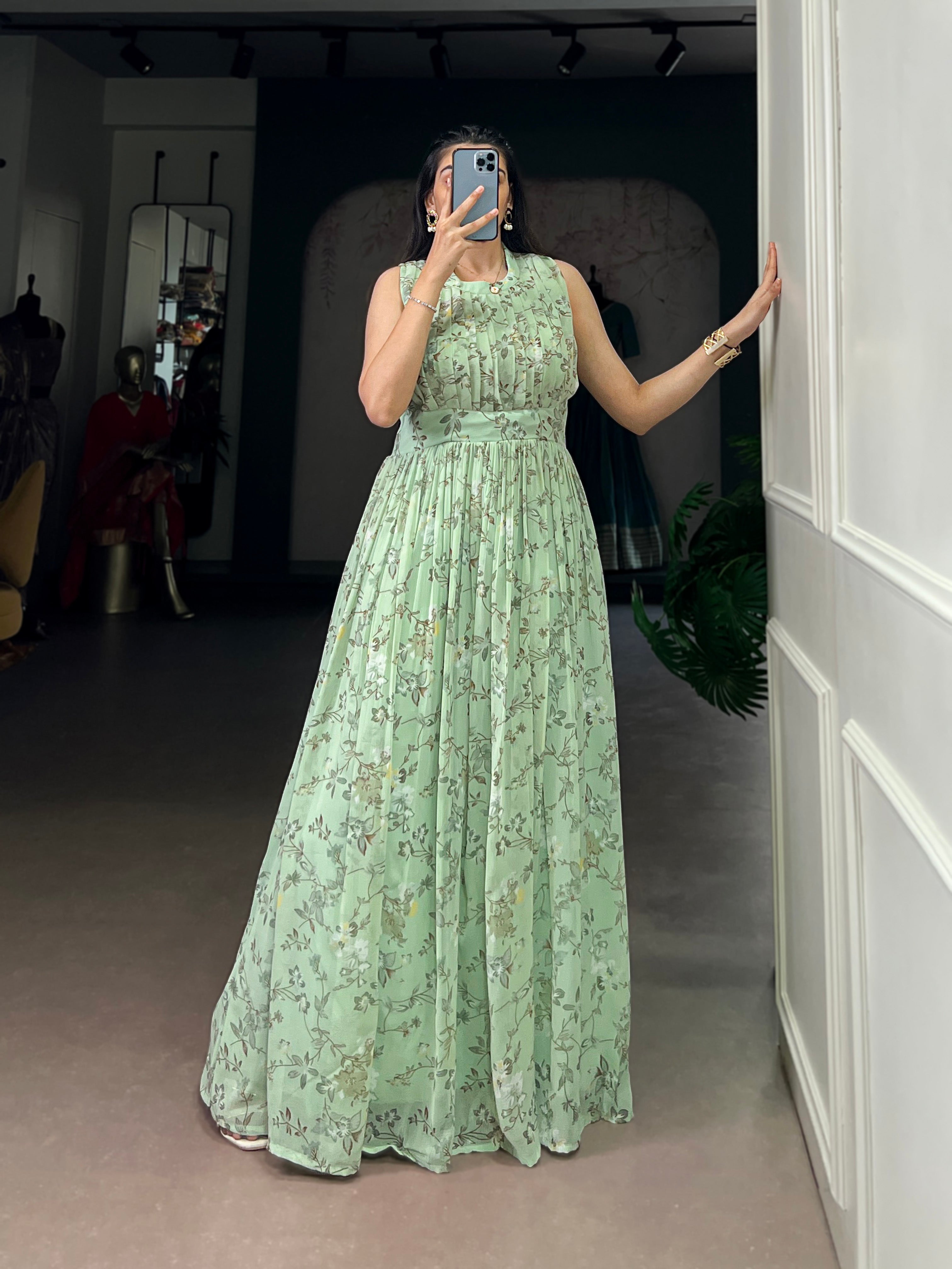 Designer Floral Printed Gown of Green Colour