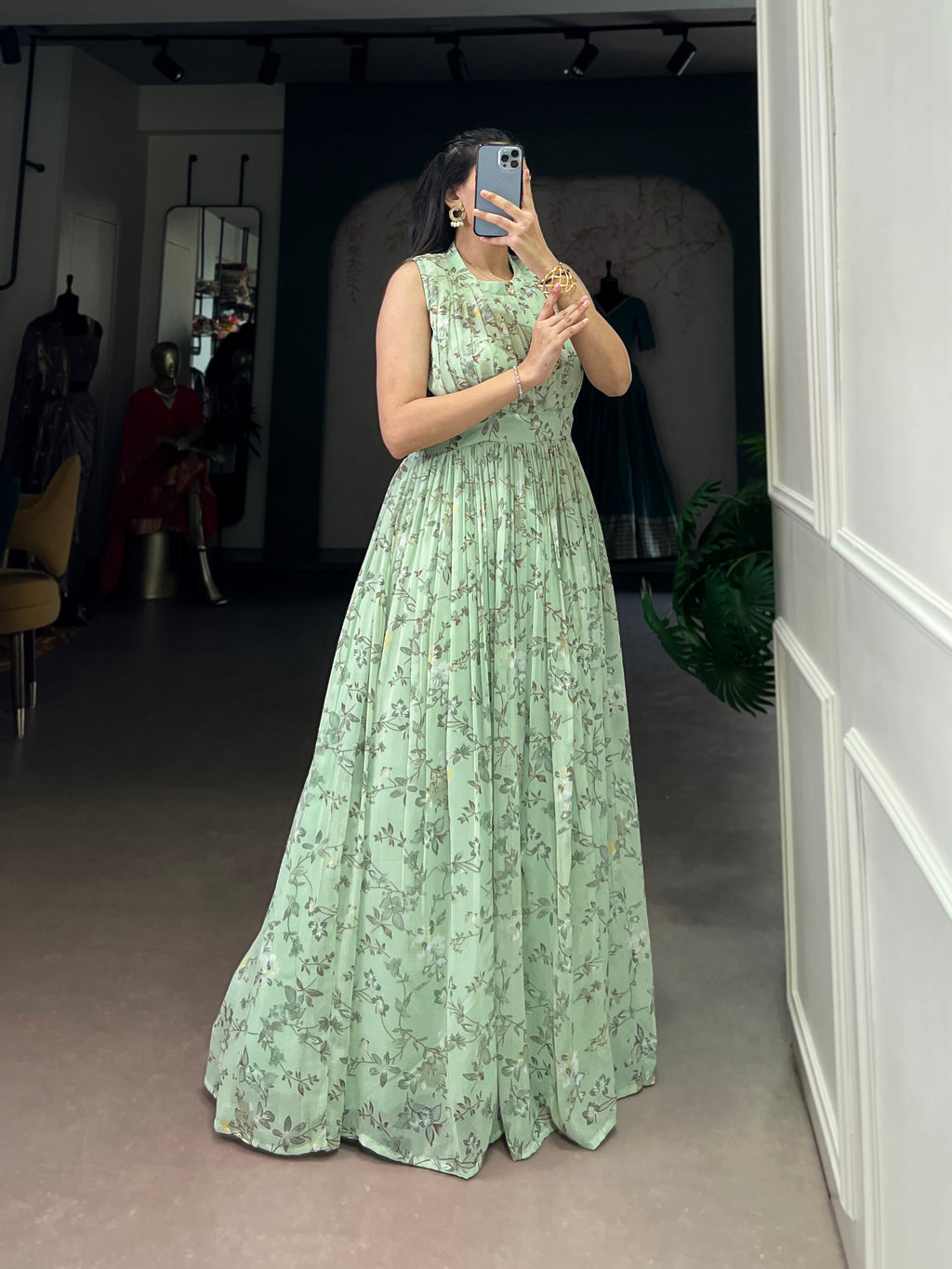 Designer Floral Printed Gown of Green Colour