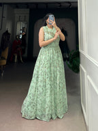 Designer Floral Printed Gown of Green Colour