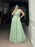 Designer Floral Printed Gown of Green Colour